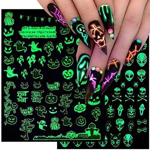 6 Hojas Pegatinas para Uñas de Halloween Calcomanías 3D Autoadhesivas Diseño Luminoso 4
