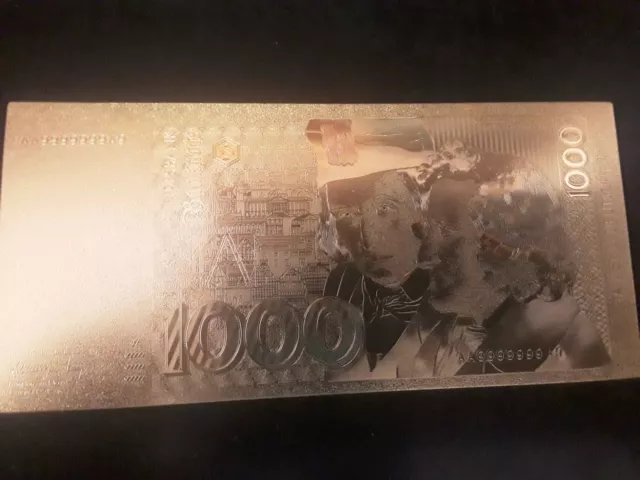 Precioso Billete De 1000 Marcos Fantasia Plastificado Dorado  Sc