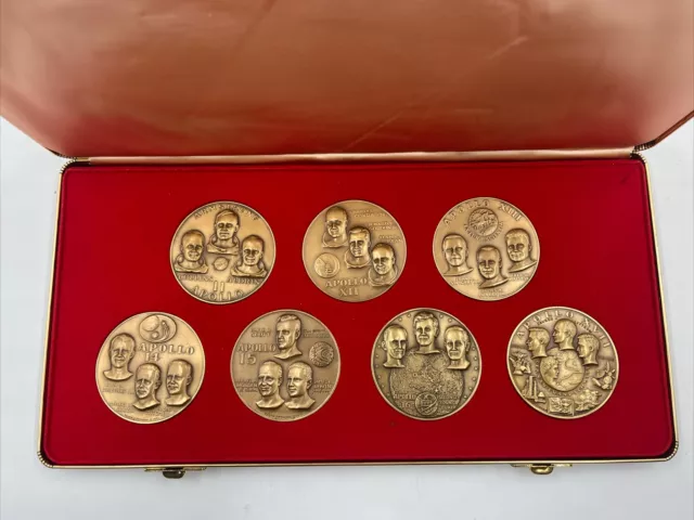 1970s APOLLO 11-17 Medallic Art Co Set of 7 BRONZE Medals by Menconi 63mm w/Case