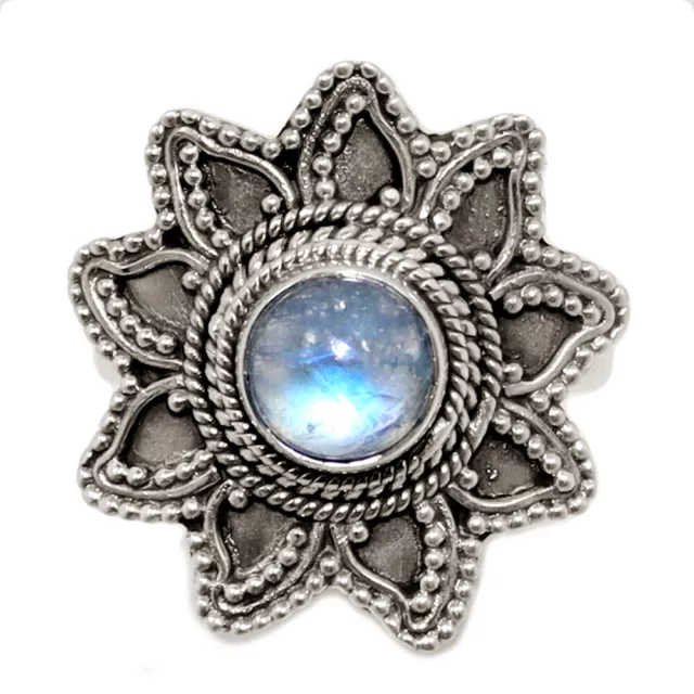 Filigree - Natural Rainbow Moonstone - India 925 Silver Ring s.7.5 CR25781