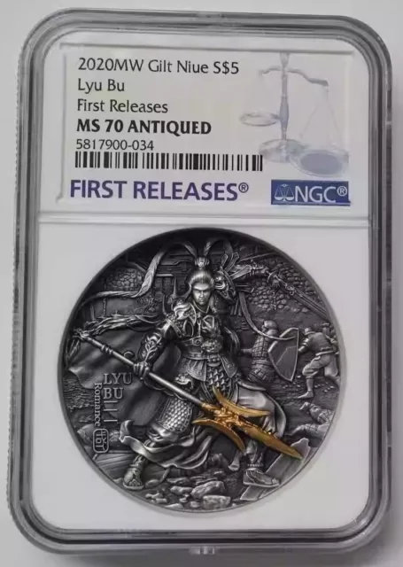 NGC MS70 Niue 2020 Ancient Chinese Warrior Lyu Bu Antiqued Silver Coin 2oz Box