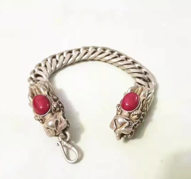 Fashion Collectible Ruby Tibet Silver Bangle Handwork Auspicious Dragon Bracelet