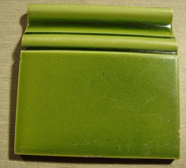 Art Nouveau original majolica bottom field bulnose tile OLIVE GREEN 6'' x 6''
