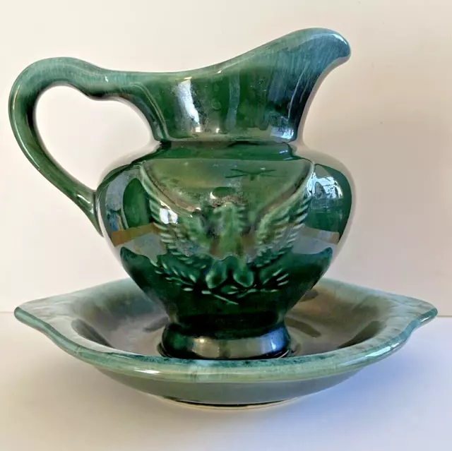 Vintage HULL POTTERY Small Green Pitcher & Bowl Made In USA Eagle Design