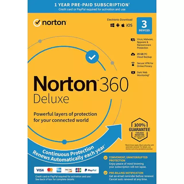 Norton 360 Deluxe 3 Devices 25GB PC Cloud Storage New 2023 VPN Internet Security