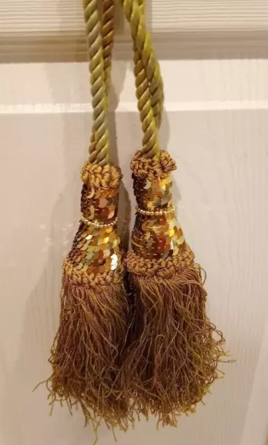 TWO 14" Gold Braided Rope Sequins Curtain Tie Backs with Tassels (50)