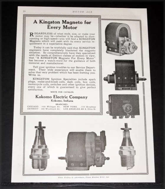 1913 Old Magazine Print Ad, Kokomo Electric, A Kingston Magneto For Every Motor!