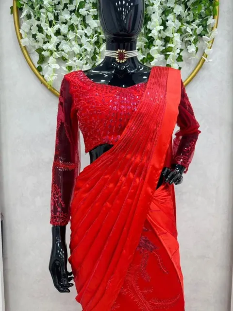 Looking Maroon Beautiful Satin Silk Lehenga Sari Thread And With Soft Net Blouse