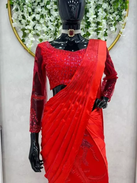 Looking Maroon Beautiful Satin Silk Lehenga Sari Thread And With Soft Net Blouse