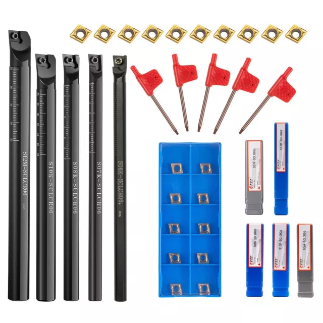 5pcs Boring Bar Set S06K/S07K/S08K/S10K/S12M-SCLCR06 + 10 Inserts and 5 wrenches