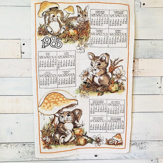VINTAGE 1985 LINEN Calendar Kitchen Tea Towel Rabbits And Mushrooms