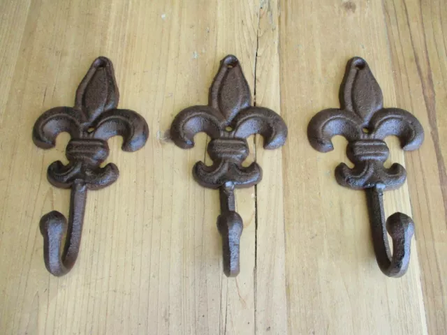3 LARGE Cast Iron Fleur De Lis Coat Hooks Hook Hall Tree Hat Dog Leash Fluer