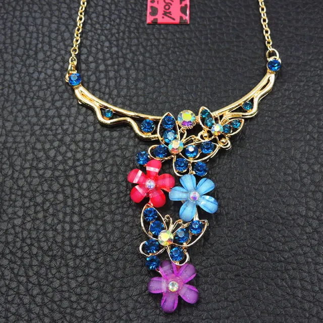 Women's Blue Crystal Enamel Butterfly Flower Betsey Johnson Choker Necklace