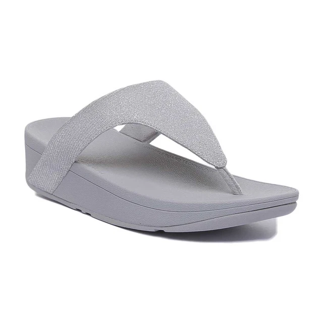 FitFlop Women Wedge Heel Flip Flop Thong Sandals Lottie Glitzy Silver Fabric