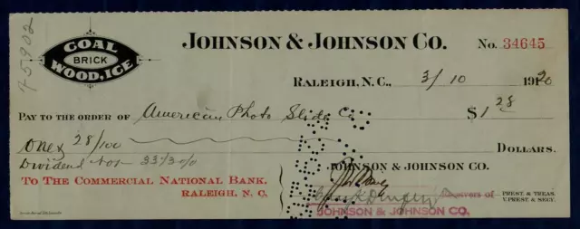 “North Carolina Senator” Josiah Bailey Hand Signed Check Dated 1920