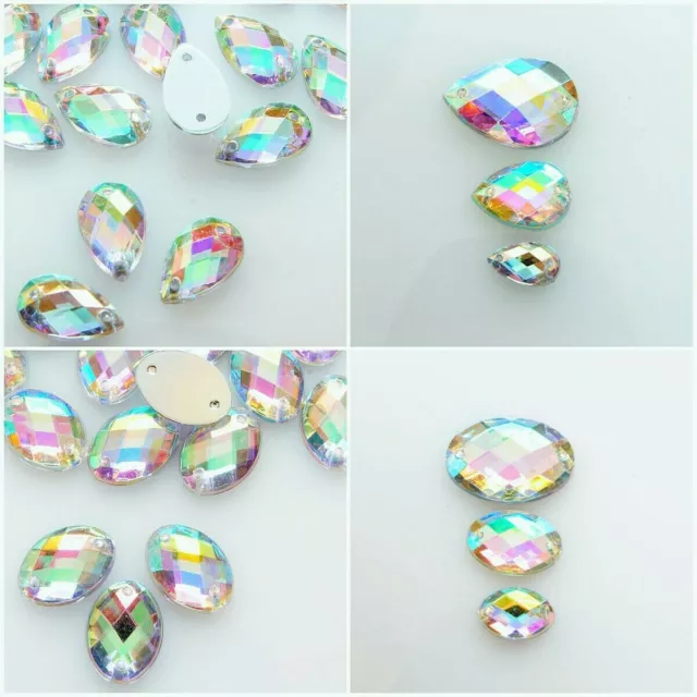 50x CLEAR AB FLAT BACK FACETED TEARDROP OVAL RHINESTONE SEW ON BEAD DIAMANTE GEM