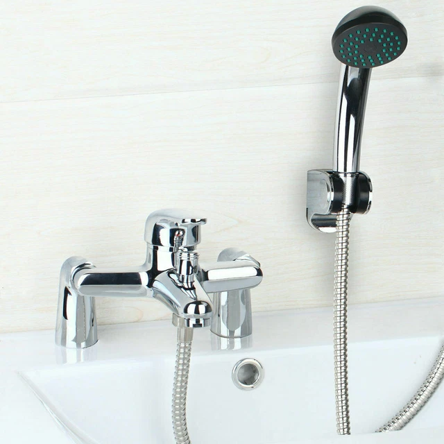 2 Handles Chrome Bathroom Deck Mount Basin Tub Tap Hand Held Shower Mixer Faucet