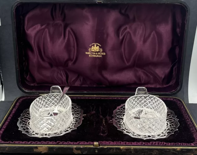 Pair of sterling silver and crystal butter dishes Hamilton Inches Edinburgh 1903