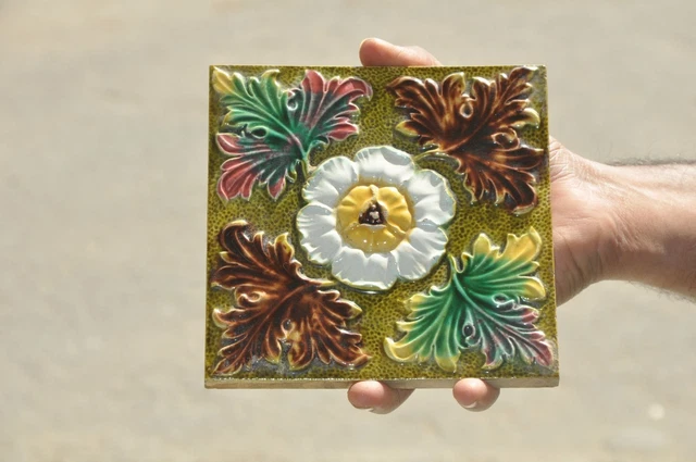 Vintage Fine Flower Design Multicolor Ceramic Tile, Japan 3