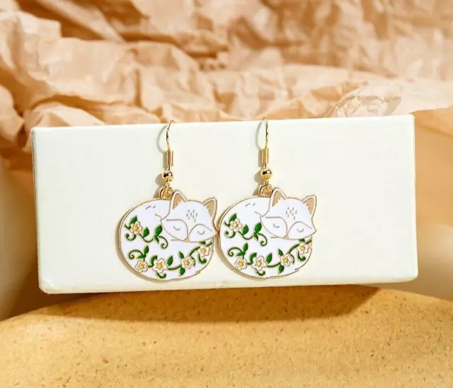 Korean Japanese Style Flower Fox White Kitsune & Vine  Enamel Drop Hook Earrings