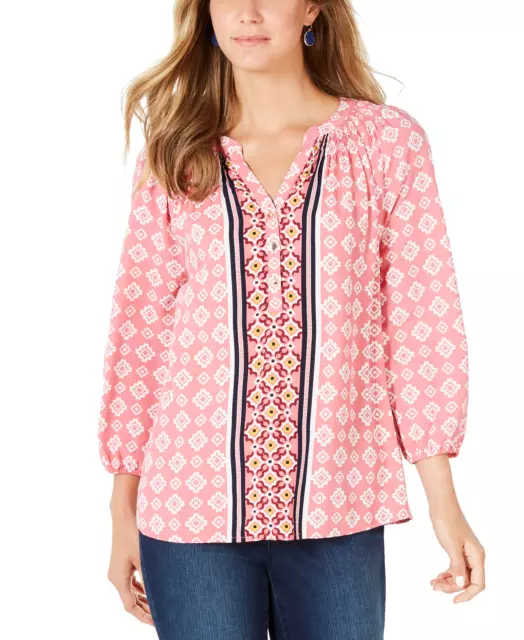 Charter Club Women's Printed Split-Neck 3/4-Sleeve Top (M, Rapture Rose)