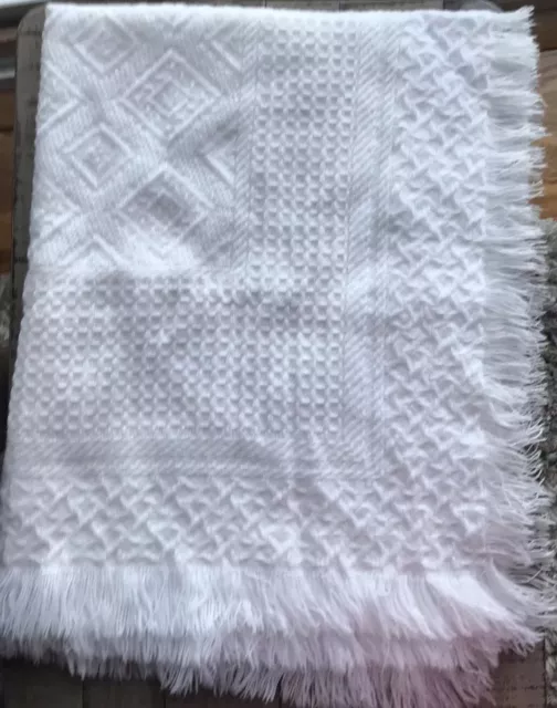 Vtg Baby Waffle Knit Fringes Blanket White 31” X 38” HTF Excellent Condition