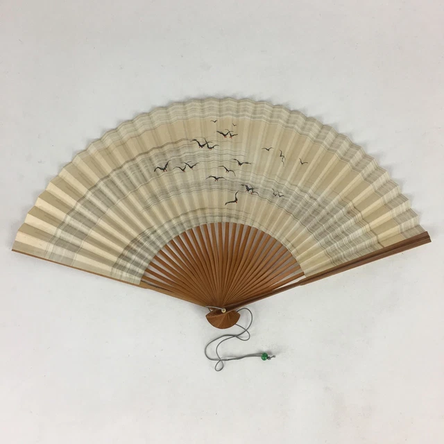 Japanese Folding Fan Vtg Sensu Bamboo Frame Paper Black Birds 4D587