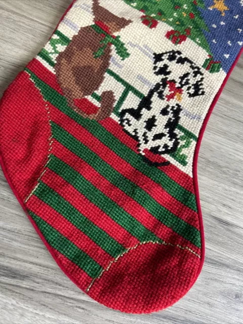 VTG Christmas Stocking Needlepoint Embroidery is Wool Dog Cat Tree Red Velvet 3