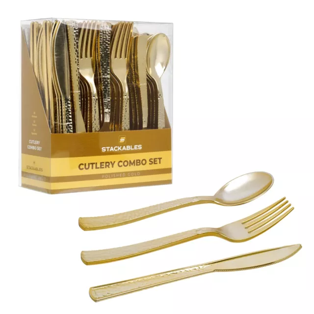 Gold Plastic Cutlery Set - 96 Pack (32 Spoons, 32 Forks, 32 Knives) - Hammered