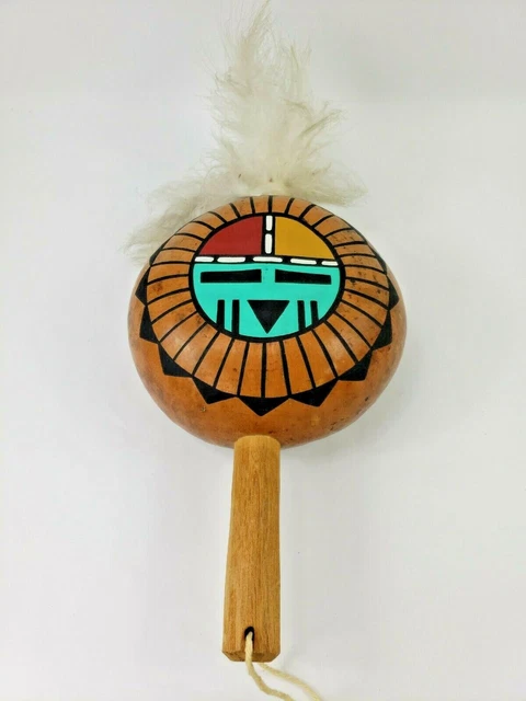 Vintage Native American Indian Hopi Hand-Painted Kachina Gourd Rattle  Feathers