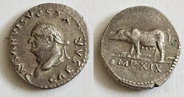 RARE ROMAN SILVER COIN  * VESPASIAN * DENARIUS -3.65 g.   18.0 mm.