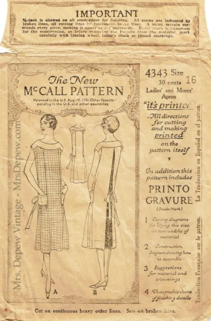 Vintage Sewing Pattern Very Rare 1920s Slip-On Apron McCall 4343