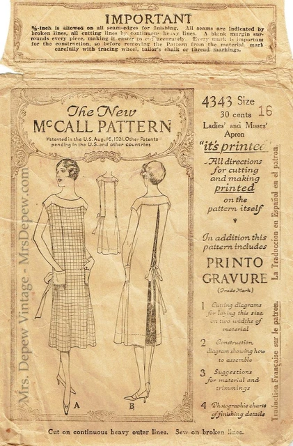 Vintage Sewing Pattern Very Rare 1920s Slip-On Apron McCall 4343