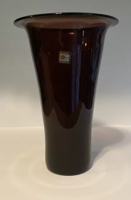 Blenko MCM Vase Amethyst Purple Handmade Art Glass Original Tag Tapered READ