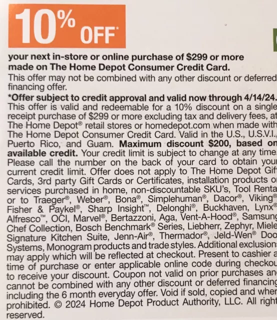 Home Depot Coupon 10% off Coupon- In-Store or Online  Exp 04/14/24 Fast Delivery