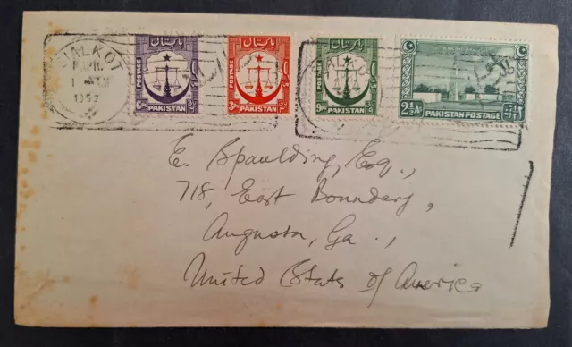 RARE 1952 Pakistan Cover ties 4 stamps cancelled Sialkot to USA