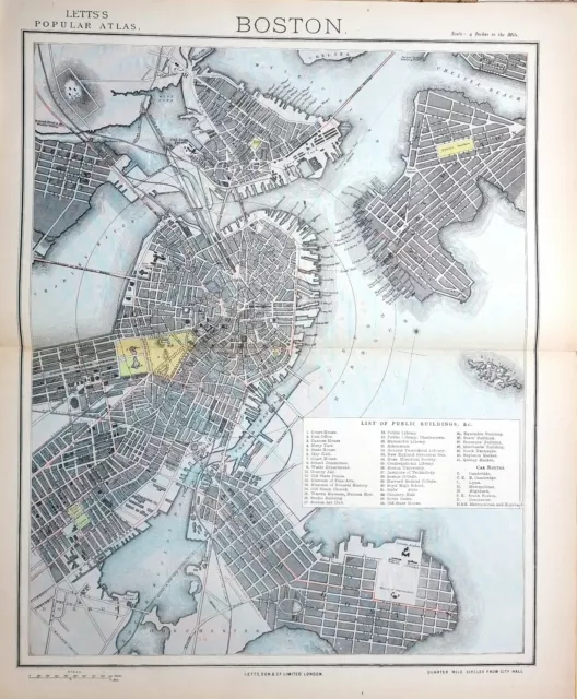 1882 Letts Map Boston City Plan Court House Library County Jail City Hall Prison