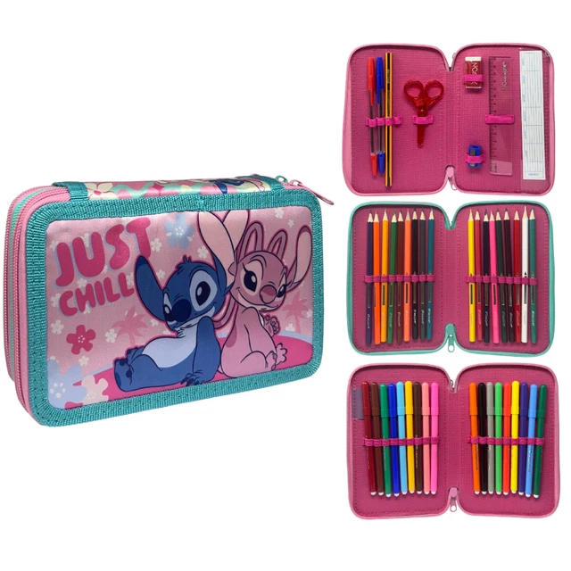 Astuccio 3 Scomparti Clondo Per Bambine - Theme Stitch E Angel, Con 44 Accessori Scuola (Matite, Pennarelli, Etc.)