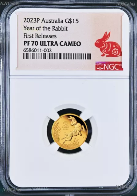 2023 P Australia PROOF GOLD $15 Lunar Year of the Rabbit NGC PF70 1/10oz Coin FR