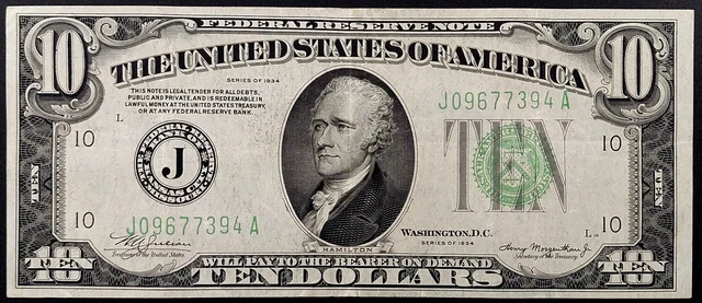 Series of 1934 $10 Federal Reserve Note, Kansas City! Light green seal!