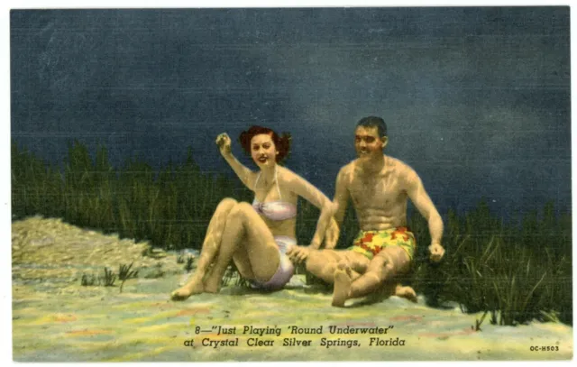 Linen Postcard - Silver Springs, FL, Man & Lady Under Water "Just Playing Round"
