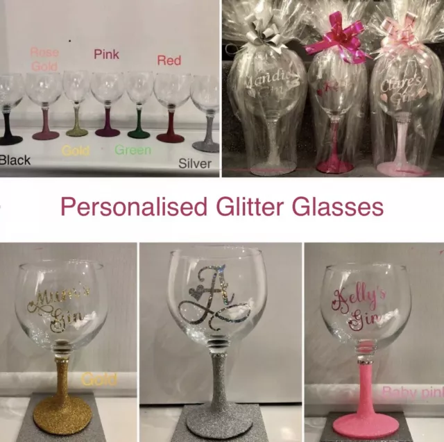 Personalised Glitter Wine, Flute, Gin Glasses - Gift Wrapped