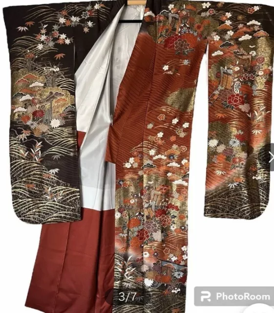 Japanese kimono  FURISODE,FUKURO OBI,obiage,obijime.4set.black gold.silk100%. 3
