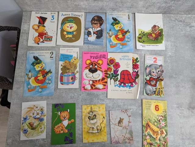 Vintage Retro Used Cute Mouse Tiger Elephant Childrens Baby Birthday Cards x 15