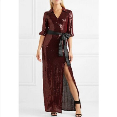 Alice + Olivia Bayley Satin Trim Bow Sequin Maxi Dress Burgundy Size 6
