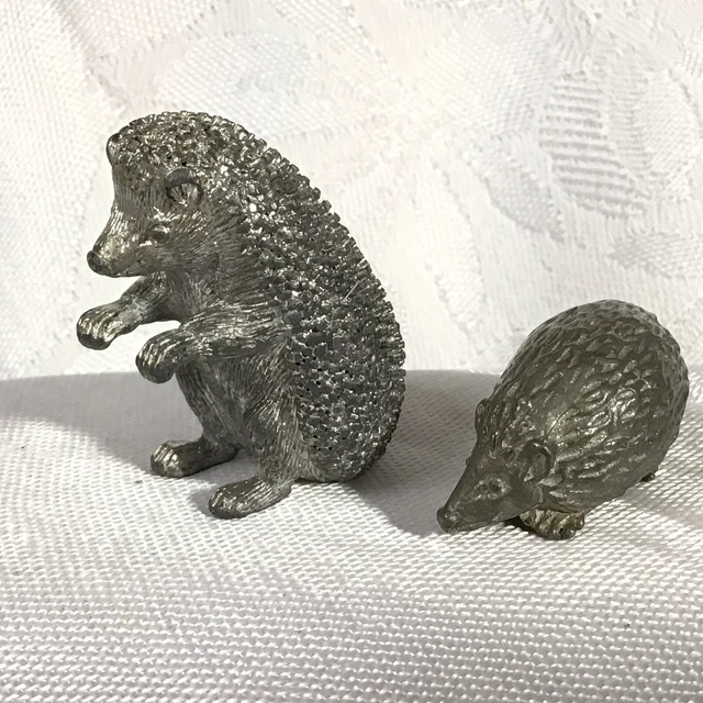 Vintage Miniature Silver Metal Figures of Hedgehog with Baby