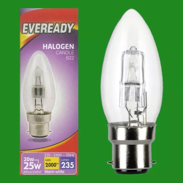 2x 20W (=25W) Dimmable Halogen Clear Candle Light Bulbs Bayonet Cap BC B22 Lamps