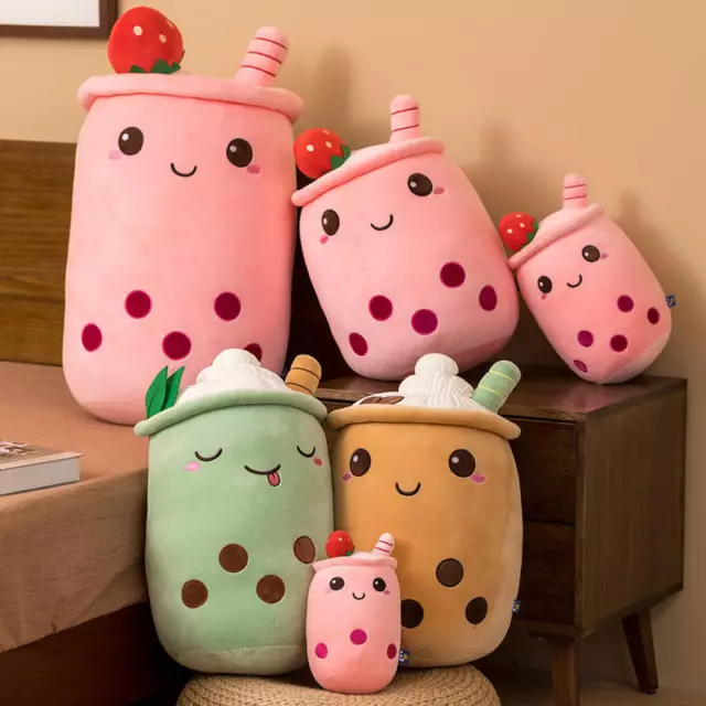 Boba Plushie Pillow Bubble Milk Tea Cup Strawberry Smile Plush Toy Gift Xmas