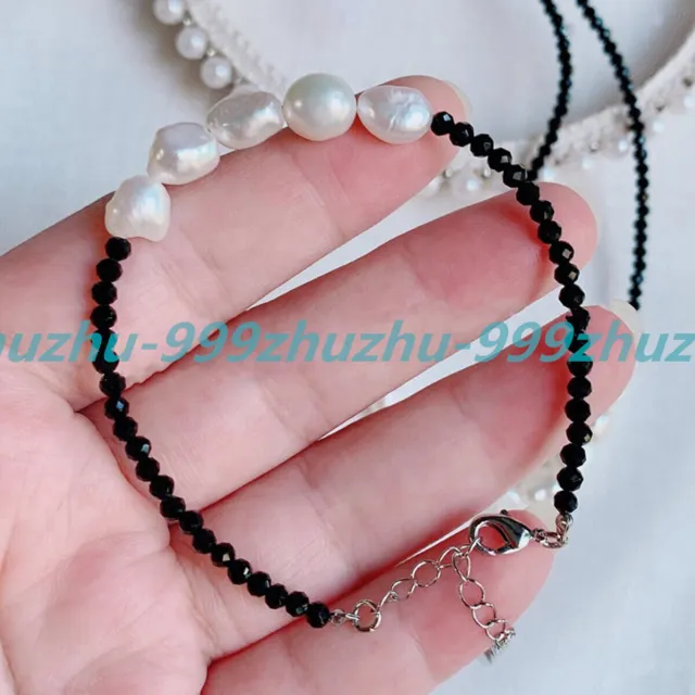 Faceted 3mm Black Spinel Natural White Baroque Pearl Beads Necklace Bracelet Set