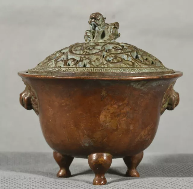 Old Chinese Dynasty Bronze Feng Shui 3 Leg Dragon Lion Incense Burner Censer